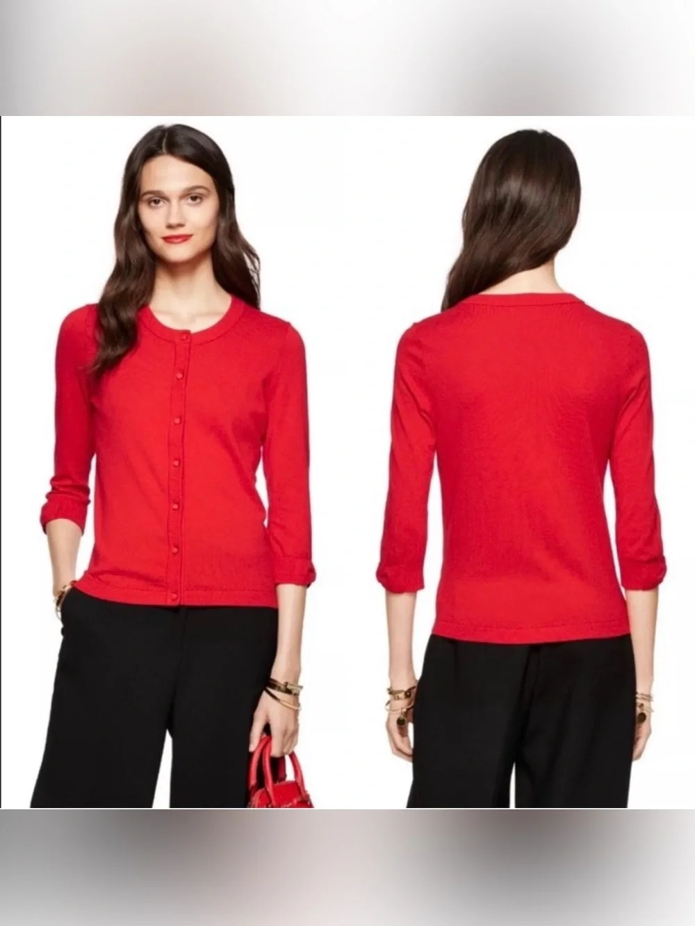 Kate Spade Somerset Bow Cuff Red Button-Front Cardigan Cashmere Blend Size M